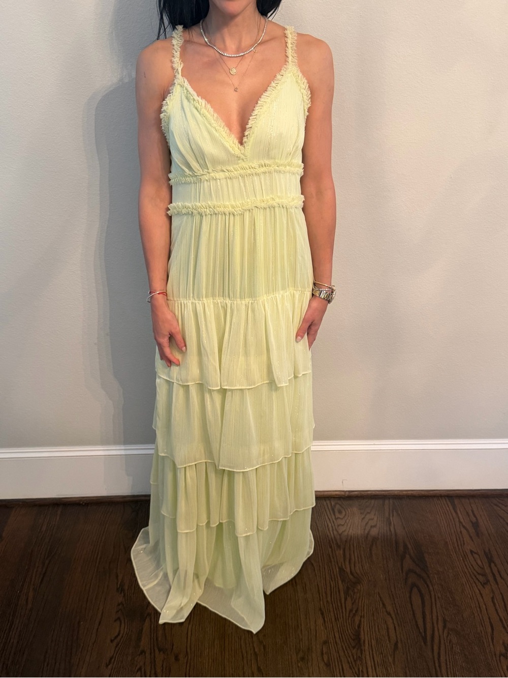 Likely Pale Yellow Tiered V-Neck Maxi Dress